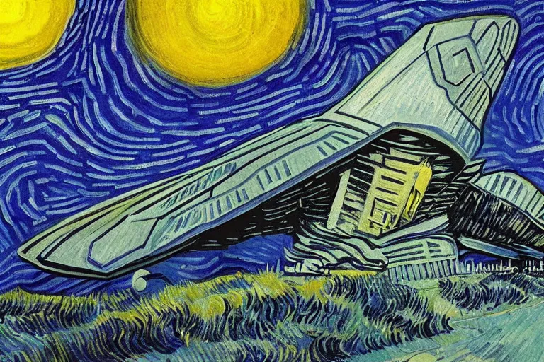 Image similar to brutalism spaceship near jupiter as painted by van gogh, detailed, wet brush, poster art