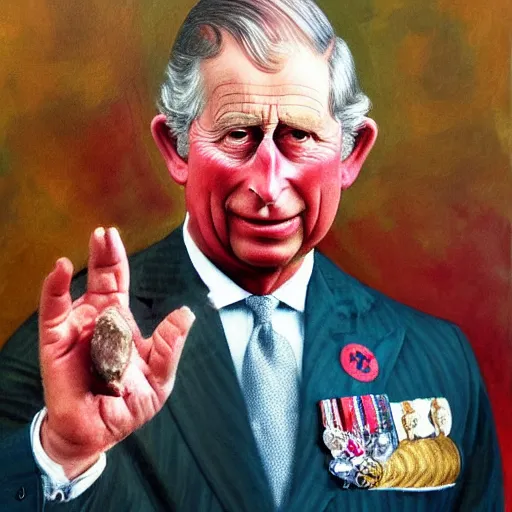 Prompt: an oil painting of prince charles with sausage fingers