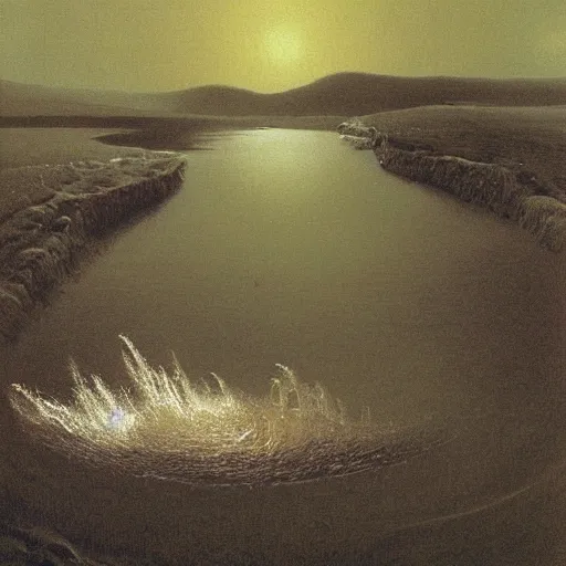 Image similar to salmon jumping out of a river by zdzisław beksinski