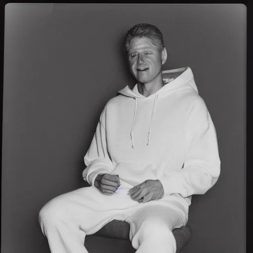 Image similar to polaroid of Bill Clinton wearing a white hoodie and holding a bag of weed sitting on the couch, 8k, very detailed, very intricate,