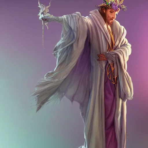 Prompt: highly detailed stunning image of a purple robe wizard full body in mucha style, 3 d render by andrei riabovitchev, shaun tan and peter mohrbacher octane render. hyper realistic. soft illumination, artstation