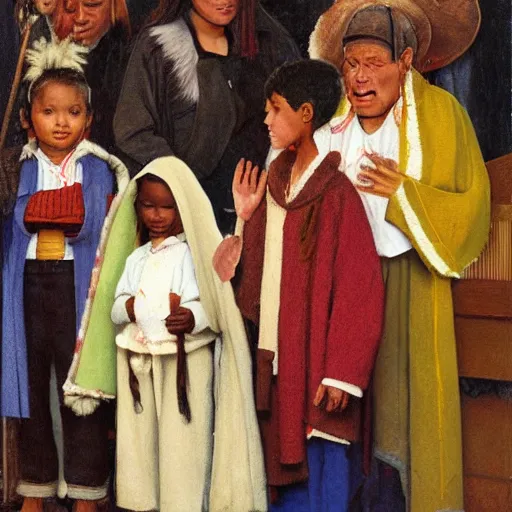 Prompt: ethnically diverse children in a church nativity play, art by normal rockwell