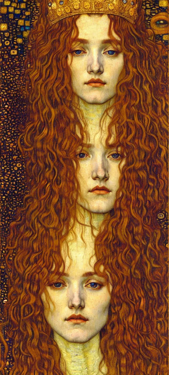 Image similar to detailed realistic beautiful young medieval queen face portrait by jean delville, gustav klimt and vincent van gogh, art nouveau, symbolist, visionary, gothic, pre - raphaelite, muted earthy colors, desaturated