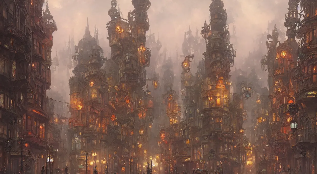 Prompt: a beautiful matte concept art painting of victorian style steampunk fantasy city streets with steampunk robots, concept art, studio ghibli, artstation, by thomas kinkade and james gurney and vladislav beksinski