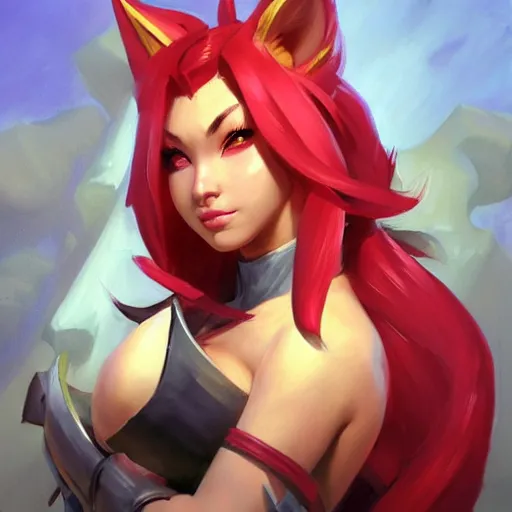 Image similar to greg manchess portrait painting of ahri from league of legends as overwatch character, medium shot, asymmetrical, profile picture, ambient occlusion, organic painting, sunny day, matte painting, bold shapes, hard edges, street art, trending on artstation, by huang guangjian, gil elvgren, ruan jia, greg rutkowski, gaston bussiere