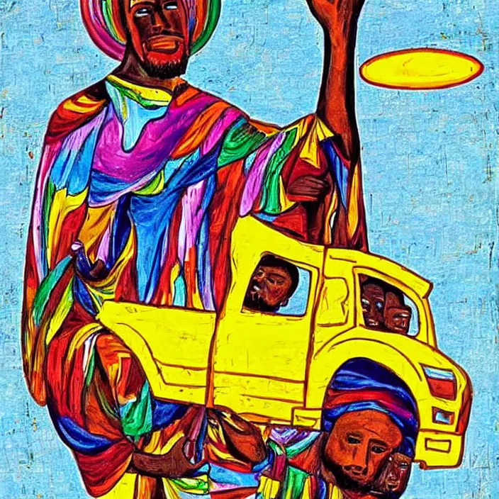 Image similar to UFO hovering over an African Jesus , colourful, in the style of Nigerian truck art,