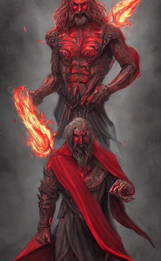 Image similar to a mindblowing red wizard, chad, handsome, super buff and cool, very detailed, sharp, matte, concept illustration, fire magic