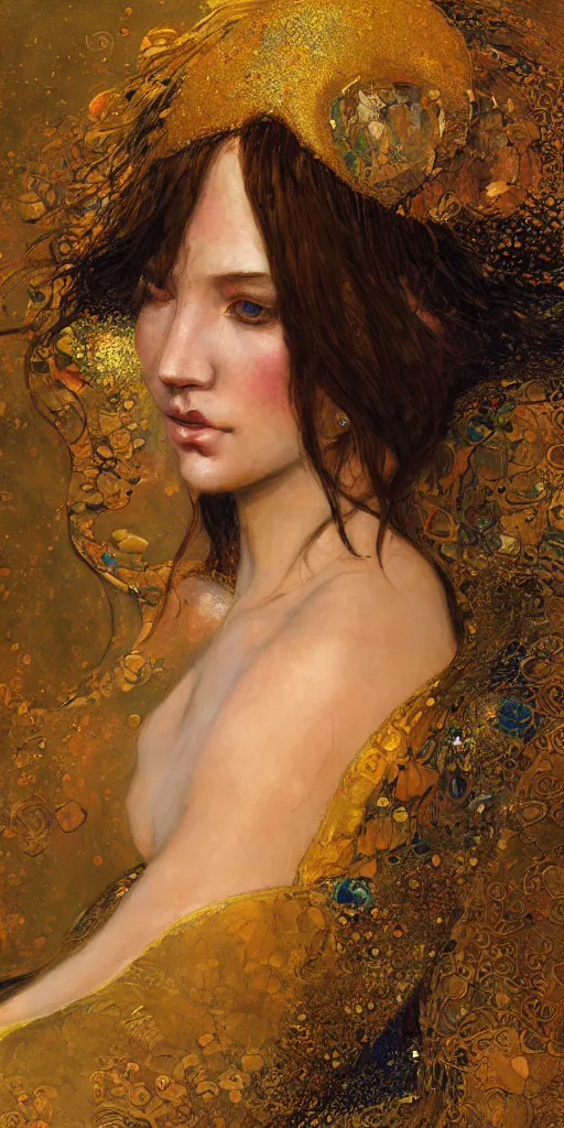 Image similar to an intricate portrait painting of an artistic pose young beautiful mermaid, klimt golden motives and textures, hyper - detailed, octane render, vivid colors, artstation, by jeremy mann, by gustav klimt