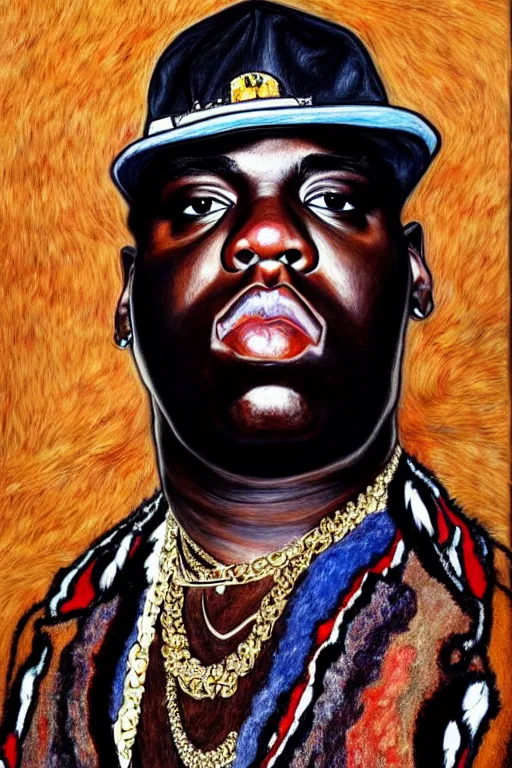 Image similar to full body!! a portrait of biggie smalls aka notorious b. i. g. wearing boho - chic style clothes, with a fur muffler and feathers, realistic painting in egon schiele style, masterpiece, hyperdetailed, complex, intricate, 4 k, hyperrealistic, trending on artstation