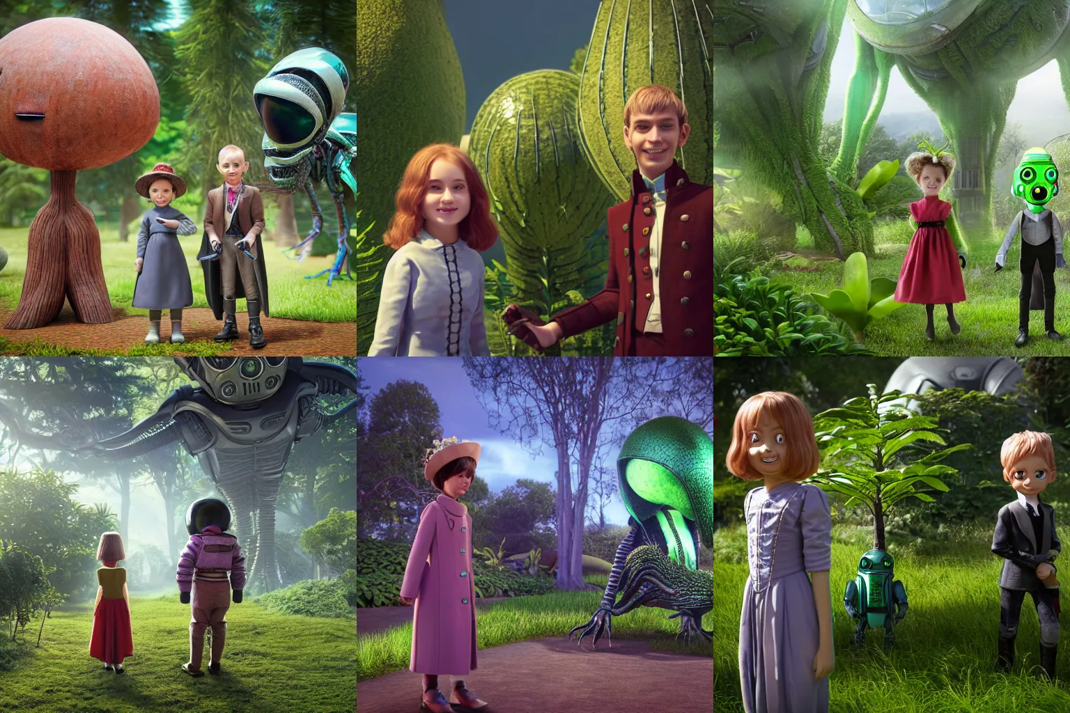 Prompt: a girl and a boy standing next to some alien plants, looking happy, wearing victorian clothes, their pet droid is nearby, while a small cute alien creature is standing behind them, in a park on a alien planet, extremely high detail, ultra realistic facial details, enhanced faces, ultra photorealistic raytracing, 8k