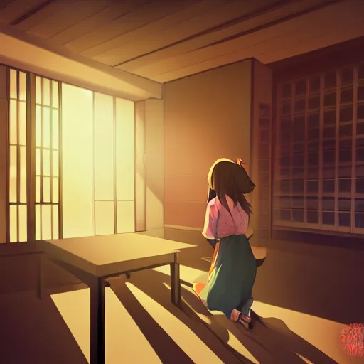 Prompt: asian girl in empty classroom, sunset, warm atmoshpere, anime wallpaper, high details, light rays through window, shadows from window light, warm light, cute girl, by samdoesarts