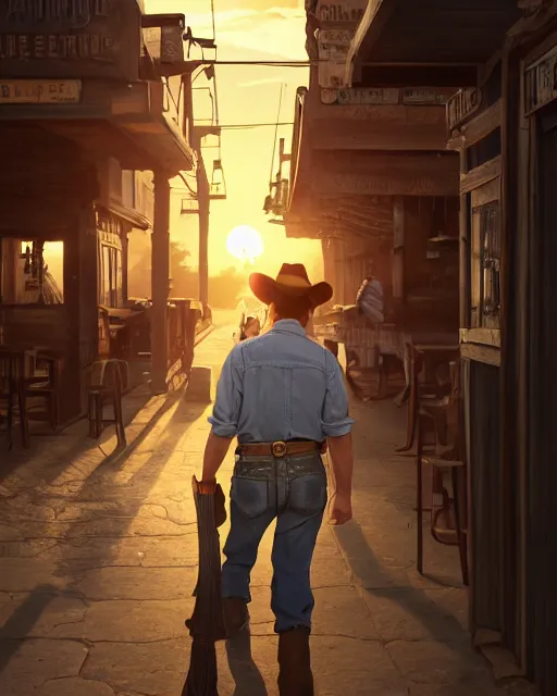 Image similar to an old cowboy walking through the door of a bustling, crowded bar of other people, wild west, sunset lighting, dusty, sunbeams. digital illustration, colors, soft lighting, adventurous, atmospheric lighting, 8K, octane render. By Makoto Shinkai, Stanley Artgerm Lau, WLOP, Rossdraws, James Jean, Andrei Riabovitchev, Marc Simonetti, krenz cushart, Sakimichan, D&D trending on ArtStation, digital art.