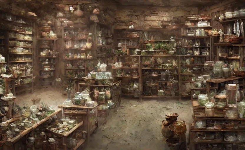 Image similar to an herbalist shop, adobe wall, simple wood shelves, lots of jars and boxes of herbs, dark fantasy matte painting in the style of ruan jia and craig mullins