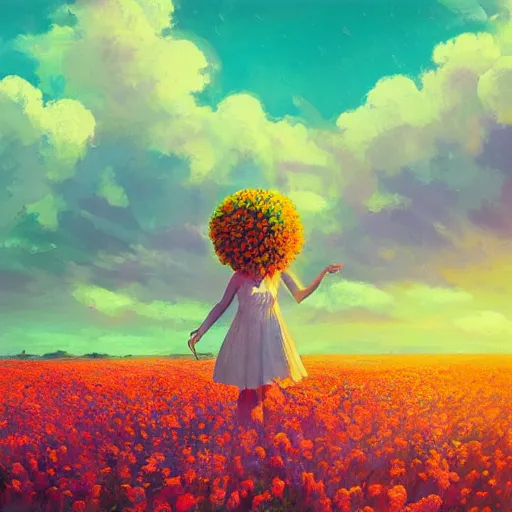 Image similar to large flower head, girl floating in a flower field, surreal photography, sunrise dramatic light, impressionist painting, colorful clouds, digital painting, artstation, simon stalenhag