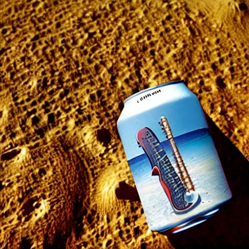 Image similar to a detailed, realistic, idle, regular sized stratocaster fender guitar next to a detailed, realistic, idle, regular sized beer can on the moon. detailed photo. realistic photo