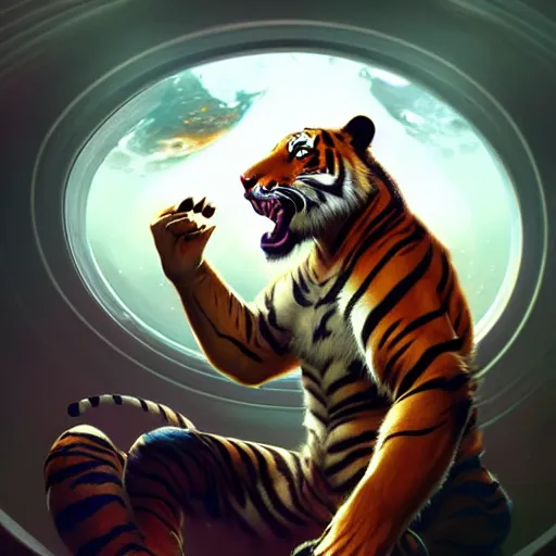 Image similar to an aesthetic award winning commission of a male anthro tiger singing on a spaceship,digital art,art by greg rutkowski,ross tran,character design by charles bowater,artgerm,hyperdetailed body,detailed face,beautiful,artstation,deviantart,stylish,space themed