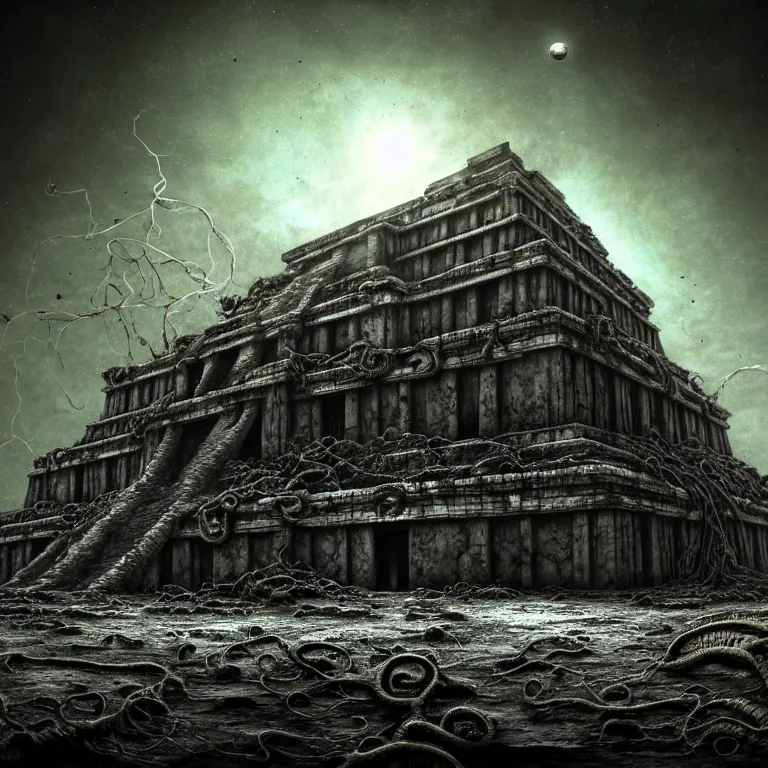 Image similar to still life of abandoned mayan temple on exoplanet, covered with tentacles, roots, wires, tubes, standing in a desolate empty wasteland, lit by a column of light from flying saucer ufo above, baroque painting, creepy, nightmare, dream-like heavy atmosphere, dark fog, darkness, hell, surreal abandoned buildings, baroque painting, beautiful detailed intricate insanely detailed octane render trending on Artstation, 8K artistic photography, photorealistic, chiaroscuro, Raphael, Caravaggio, Beksinski, Giger