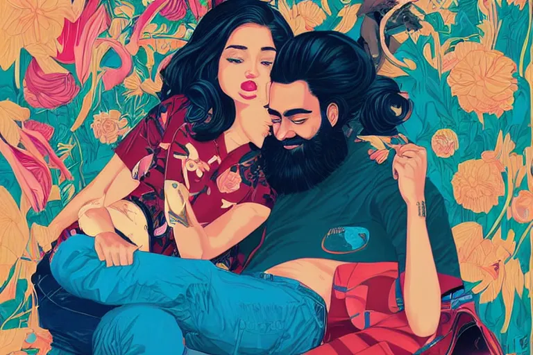 Image similar to a hispanic girl with medium length 4 b hair, and a short - bearded mixed race man with short 4 a hair, in love selfie, tristan eaton, victo ngai, artgerm, rhads, ross draws