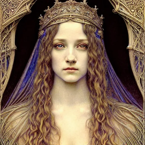 Prompt: detailed realistic beautiful young radiant medieval queen portrait by jean delville, gustave dore and marco mazzoni, art nouveau, symbolist, visionary, gothic, pre - raphaelite, horizontal symmetry