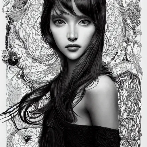 Image similar to the portrait of an unbelievably beautiful, elegant, sensual, and sophisticated young woman, an ultrafine detailed illustration by james jean, intricate linework, bright colors, final fantasy, behance contest winner, vanitas, angular, altermodern, unreal engine 5 highly rendered, global illumination, radiant light, detailed and intricate environment