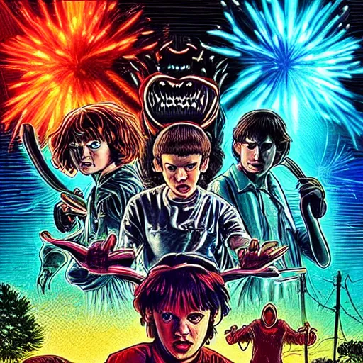 Image similar to A experimental art of two people, one a demon and the other a human, fighting each other with swords. Stranger Things by Cory Arcangel energetic