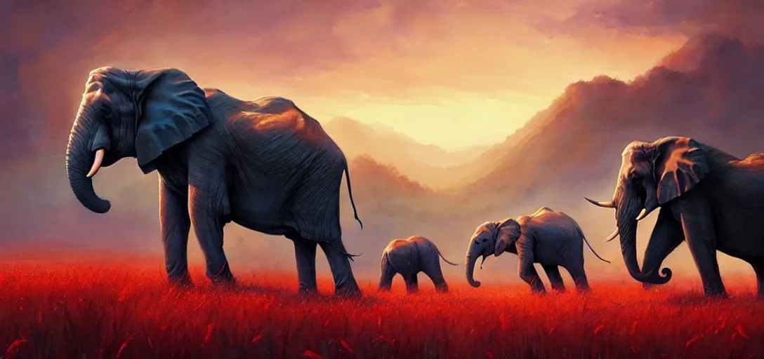 Prompt: breathtaking watercolor painting of massive elephants leaping through a lush valley of deep grass with a dramatic red sky, fantasy art by greg rutkowski, loish, rhads, ferdinand knab, makoto shinkai and lois van baarle, ilya kuvshinov, tom bagshaw, global illumination, radiant light