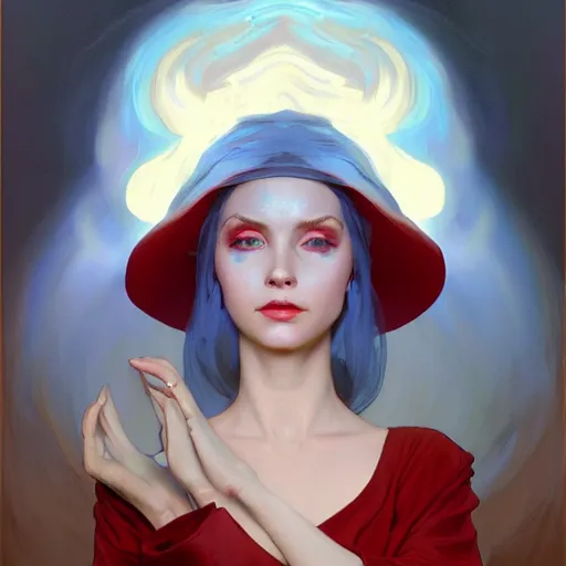 Image similar to oil painting of a priestess white haired women, cameraflash portrait by ilya kuvshinov, artgerm, alphonse mucha, and greg rutkowski, wearing blue coat, red makeup, wind mage, casting a spell, fantasy artwork, fantastic artwork, 4 k, trending on artstation