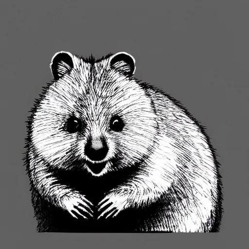 Prompt: monochromatic illustration of a happy quokka, monochrome, mono, one line, line drawing, unbroken, minimalist, no background, white space, white background, black and white