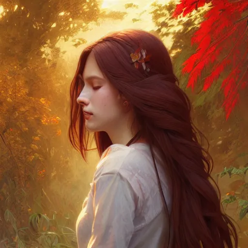 Image similar to girl with super long hair, hair becoming autumn red leaves, intricate, highly detailed, digital painting, artstation, concept art, smooth, sharp focus, illustration, unreal engine 5, 8 k, art by artgerm and greg rutkowski and alphonse mucha