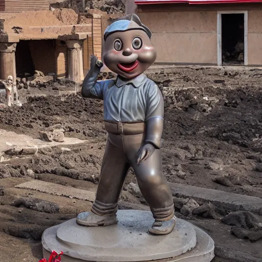 Image similar to a Bobs Big Boy mascot statue being excavated from the ruins of Pompeii, ultra detailed, 8k resolution, ultrarealistic
