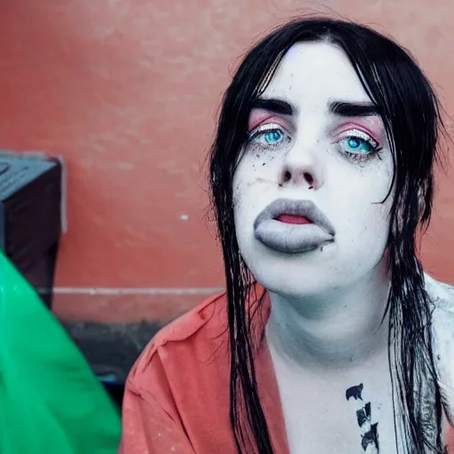 Image similar to old billie eilish begging for coke on streets