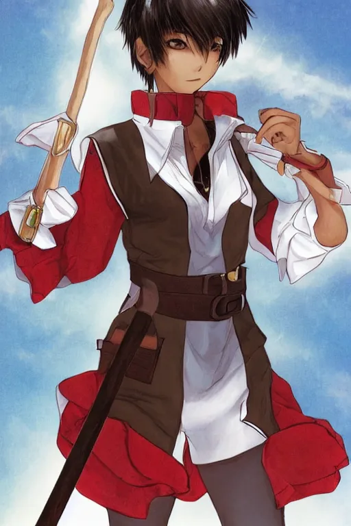 Prompt: young-looking dark-skinned female mage with brown bob-cut hair, wearing white shirt and necklace with grey short-sleeved jacket with red trim, belt, black pants and boots with red lacing, and carrying a wooden staff with floating red crystals. illustrated by Kouta Hirano