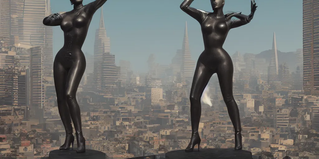 Image similar to cinematic view of kim kardashian statue in the middle of san francisco, dystopia, dead animals falling from the sky, by cedric peyravernay, by kilian eng, high detail, digital painting, industrial art style, death stranding art style, cinematic lighting, artstation, cgsociety, unreal engine 5 render, octane render, 3 5 mm film grain