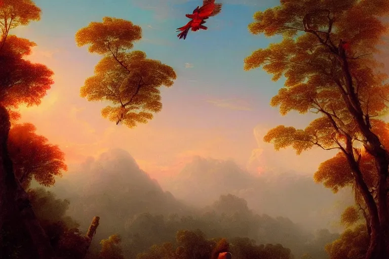 Prompt: gorgeous scarlet macaws flying at beautiful sunset in the distance through the forest, jungle mountains in the background, highly detailed, trending on art station, very detailed birds, art y ivan aivazovsky