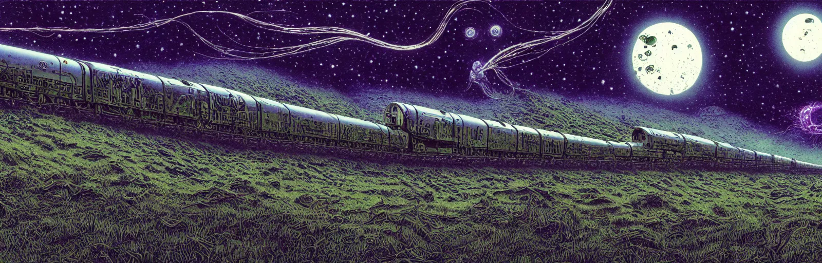 Prompt: long organic alien weird David cronenberg rocket train mountain starry moonlit night sky H.R. Giger, Charles Vess, Gilbert Williams amazing wide landscape digital art 4k