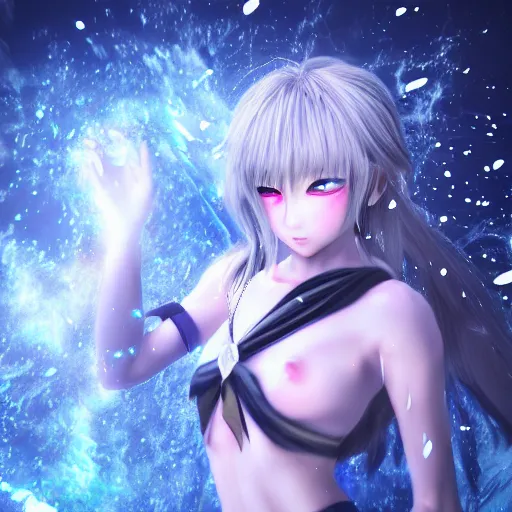 Image similar to photorealistic full body shot of masterpiece angry darkness anime girl, beautifull lovely eyes, electric aura with particles, snowing frozen ice, darkness background, inspired by masami kurumada, detailed, unreal engine 4 k, volumetric light, fog