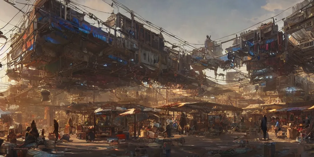 Prompt: screenshot of a vibrant marketplace in a massive makeshift city, dappled light, colossal arcing metal structures high in the sky, beautiful, awe inspiring, fps, by james gurney, greg rutkowski, sparth, cinematography, cinematic masterpiece