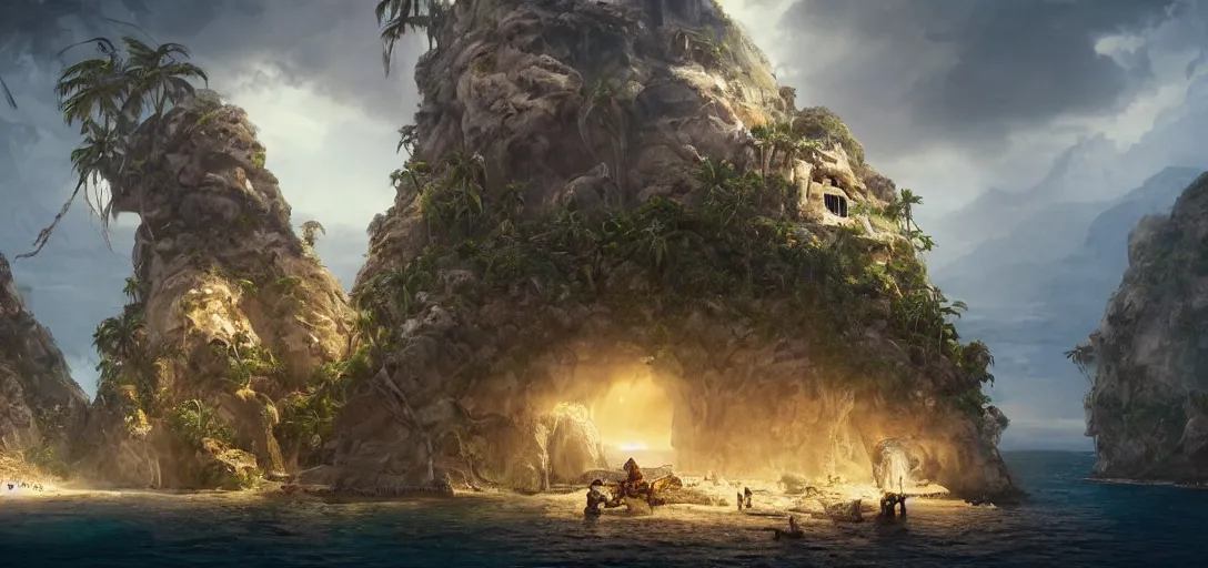 Prompt: a tropic al pirate Island with white beach, palm trees and a cave in Form of a skull carved in a Mountain, dramatic lighting, cinematic, establishing shot, extremly high detail, photo realistic, cinematic lighting, post processed, concept art, artstation, matte painting, style by eddie mendoza, raphael lacoste, alex ross