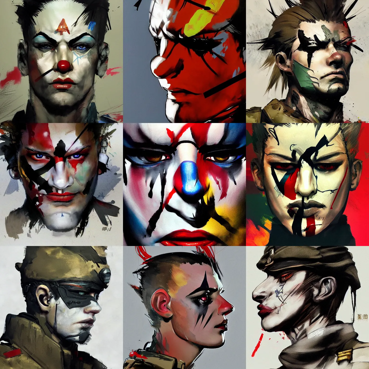 Prompt: a beautiful side portrait painting of a soldier. the soldier wears makeup like a clown. art by yoji shinkawa, trending on artstation, award - winning, perfect composition.