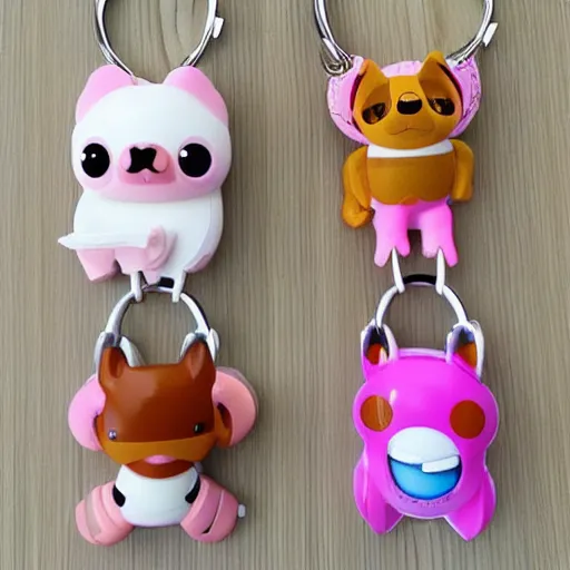 Image similar to some cute plastic toys that look like animal characters hanging from a backpack on a keychain, white, cream, and light pink