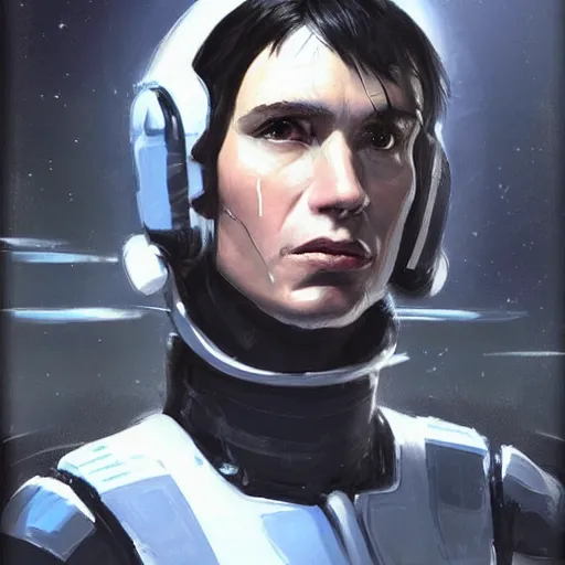 Image similar to concept art by rutkowski, man about 3 0 years old, short black hair with bangs, expression of fear and bewilderment, very tall and slender, he is wearing futuristic space gear, highly detailed portrait, scifi, digital painting, artstation, concept art, smooth, sharp foccus ilustration, artstation hq