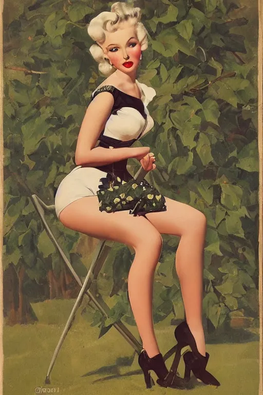 Image similar to a portrait one full body pin up post war dressing a military unioform,garden backgound Gil Elvgren style,center composition,anatomic correct