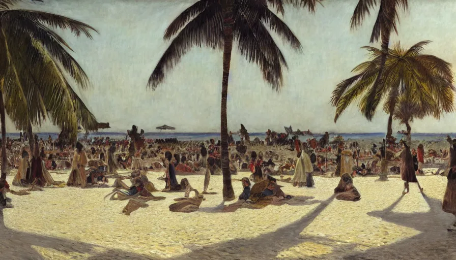 Image similar to a ultradetailed beautiful photo of hundreds of people in the amazonas palace designed by jules bastien - lepage, hans belmer, frank weston and gustave baumann, beach, trending on artstation, mediterranean, palm trees, light sparkles, sharp focus, soft light, 8 k 4 k