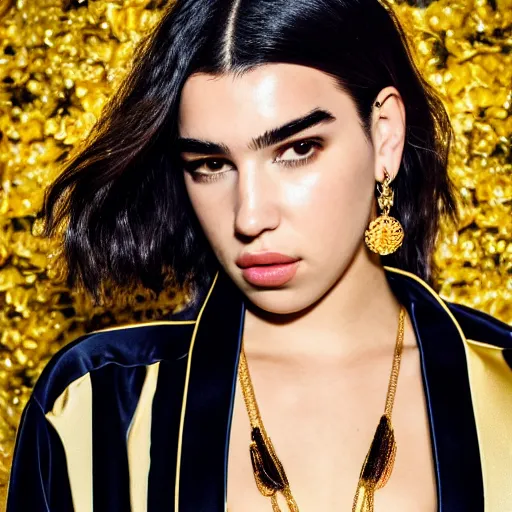 Image similar to dua lipa wearing black robe and golden necklace cinematic photoshoot high quality highly affordable photo realistic 8 k hd