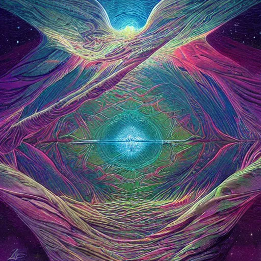 Image similar to beautiful painting of science, spatial space deformation in latent space, math art, astral plane, by artgerm and dan mumford and gustave dore