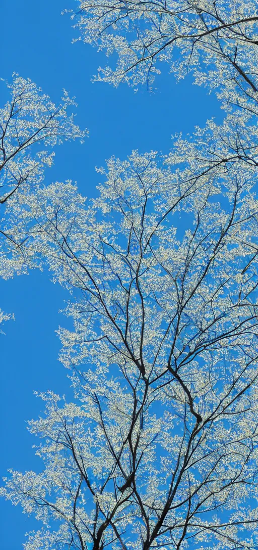 Prompt: a beautiful blue sky with leafy tree branches, wallpaper