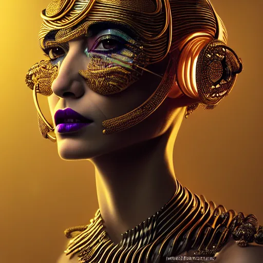 Image similar to portrait of an absurdly beautiful, graceful, sophisticated, fashionable egyptian cyberpunk mechanoid gravure idol, hyperdetailed illustration by irakli nadar, matt wisniewski style, intricate linework, fashion photography, porcelain skin, jellyfish headdress, golden cable necklace, unreal engine 5 highly rendered, radiant light, detailed and intricate environment