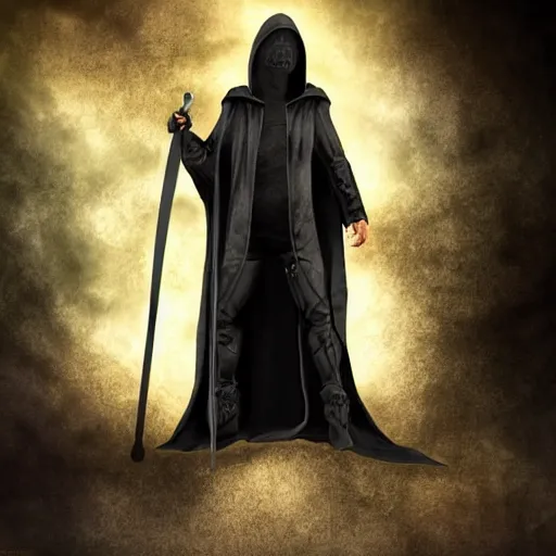 Prompt: a realistic full body of Konnor, a dragonblood, a black hood with black robes, holding a sword, extremely realistic and detailed,