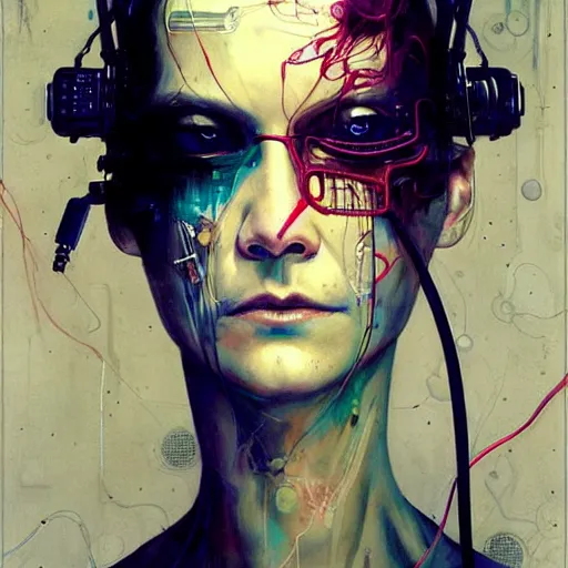 Image similar to shannyn sossamon as a cyberpunk hacker, wires cybernetic implants, in the style of adrian ghenie, esao andrews, jenny saville, surrealism, dark art by james jean, takato yamamoto