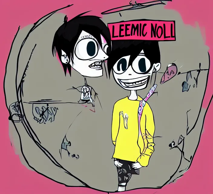 Image similar to a digital drawing of young neil cicierega in a kawaii emo / scene the gorillaz style, with text that says lemon demon trending on pixiv, trending on deviantart